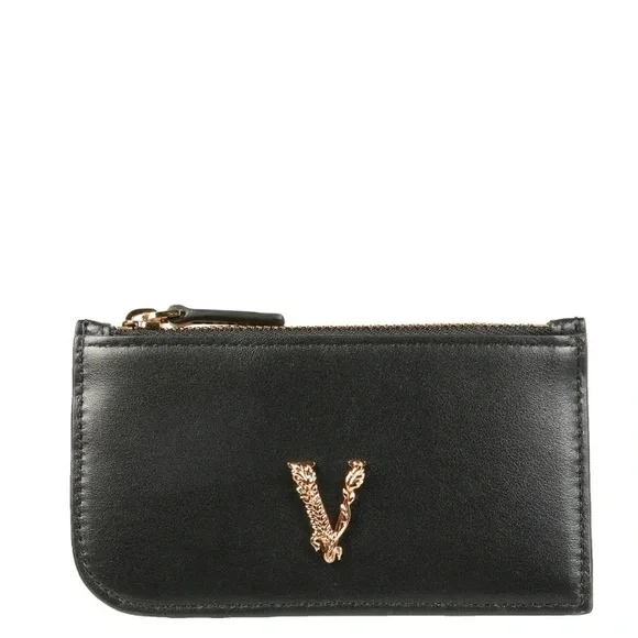 Versace unisex zip up keychain Virtus logo leather card holder wallet NWB - Picture 1 of 8